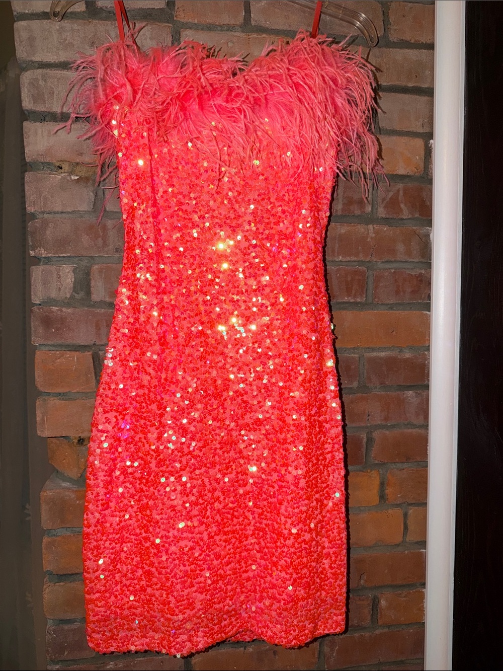 Windsor Sequin Feather Trim Mini Dress - Neon Coral